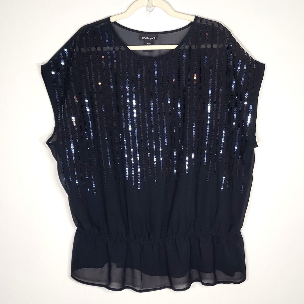 Lane Bryant Sequin Sheer Blouse Black Peplum Party Top 18/20 XXL Whimsigoth